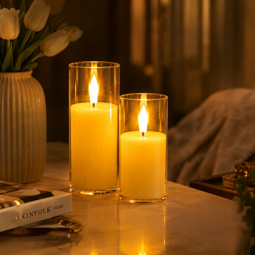 LED flameless candles warm glow marble surface